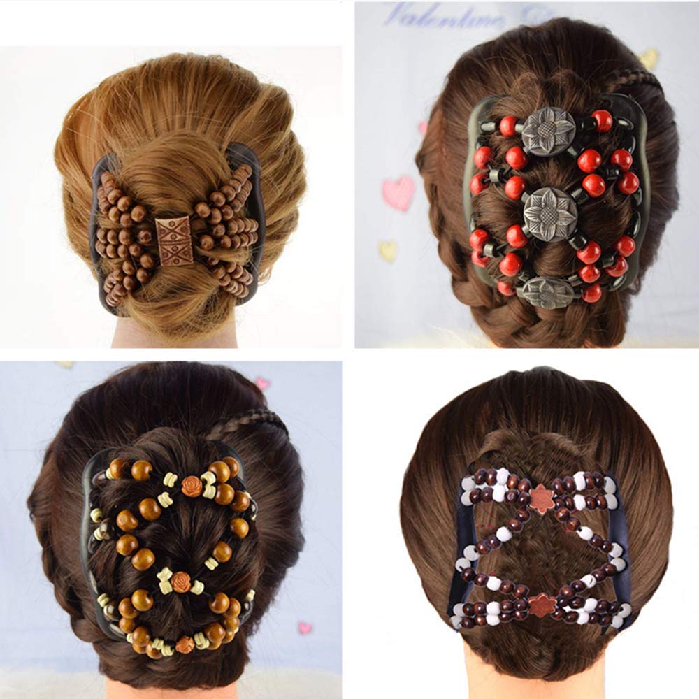 SANNIDHI 4Pcs Magic Hair Side Combs for Women Wood Beaded Hair Clips Stretch Double Hair Side Combs Clips Bun Maker Hair Accessories SANNIDHI 4Pcs Magic Hair Side Combs for Women Wood Beaded Hair Clips Stretch Double Hair Side Combs Clips Bun Maker Hair Accessories